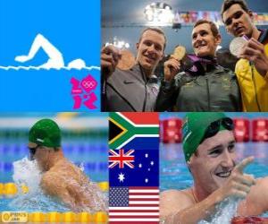 yapboz 100 M Erkekler Erkekler, Cameron van der Burgh (Güney Afrika), Christian Sprenger (Avustralya) ve Brendan Hansen (ABD) - Londra 2012 - stil Yüzme podyum